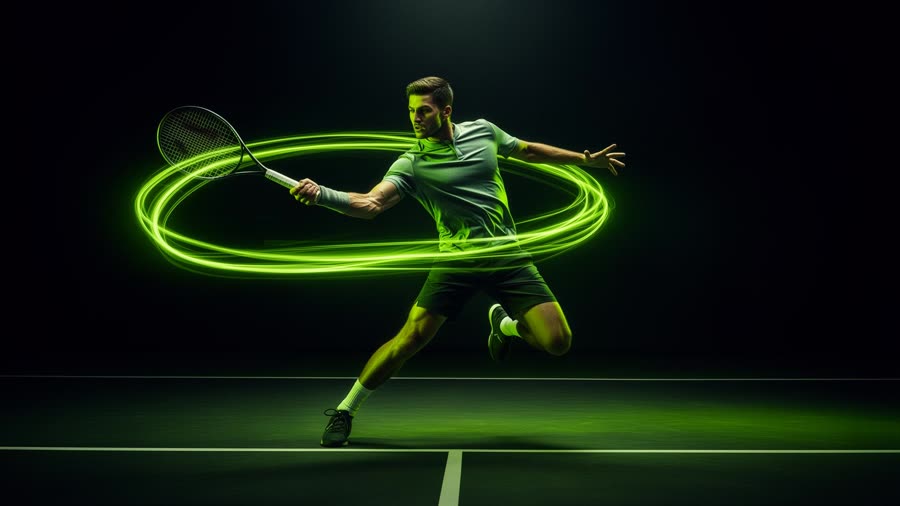Tennis player mid-swing with neon light trails on a dark court